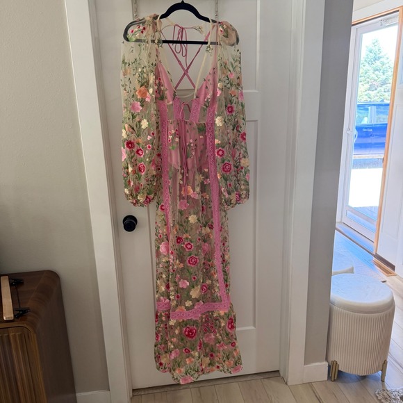For Love & Lemons Dresses & Skirts - For Love & Lemons Luna Sheer Floral Embroidered Maxi Dress Pink Small NWT Boho
